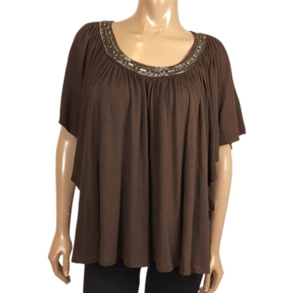 Portfolio Louben Draped Blouse Batwing Sleeve Pleated Beaded Neckline Loose Fit - Picture 1 of 12